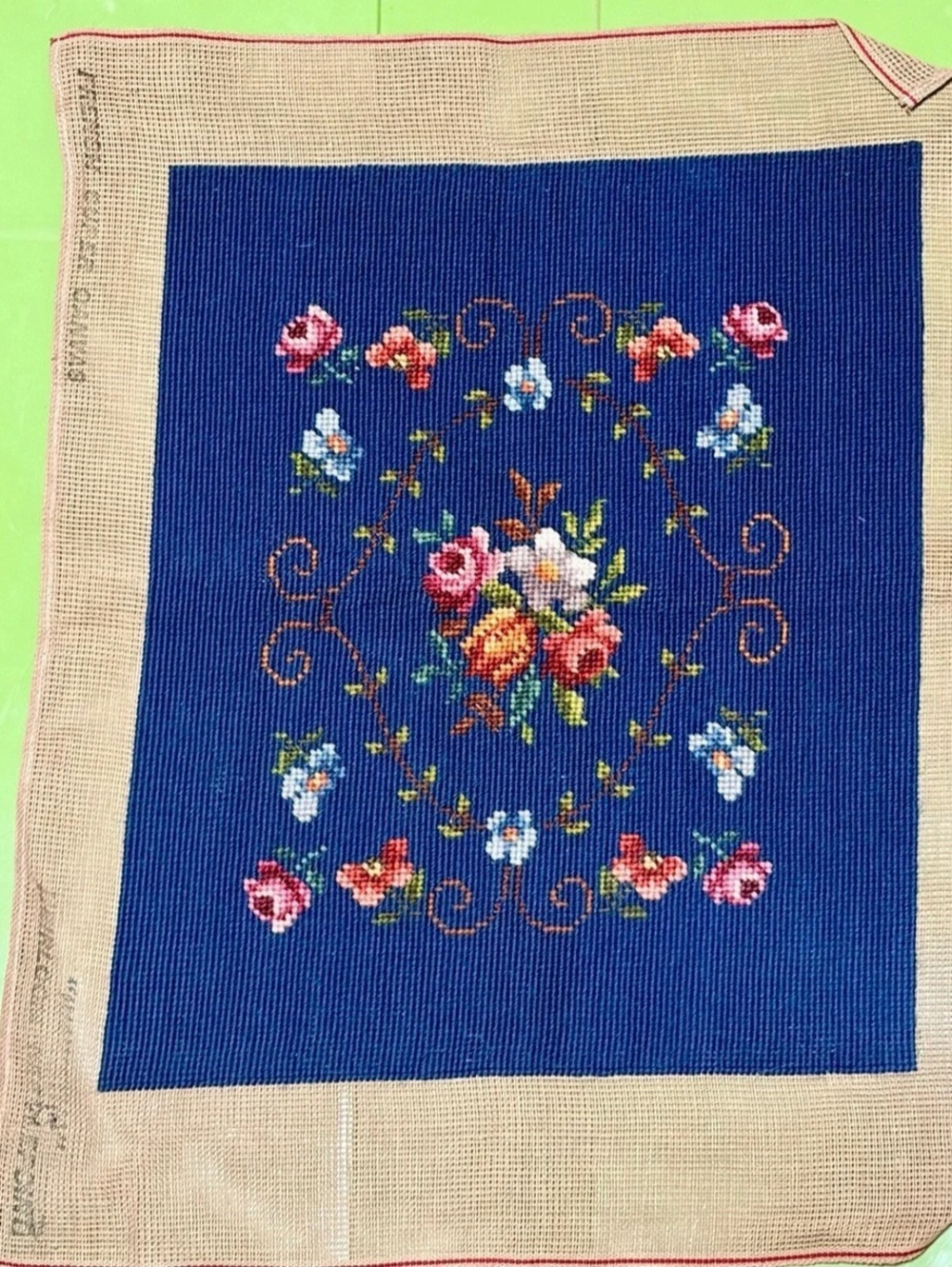 Vintage Victorian Floral Completed Needlepoint Canvas Penelope 19" x 14.5"